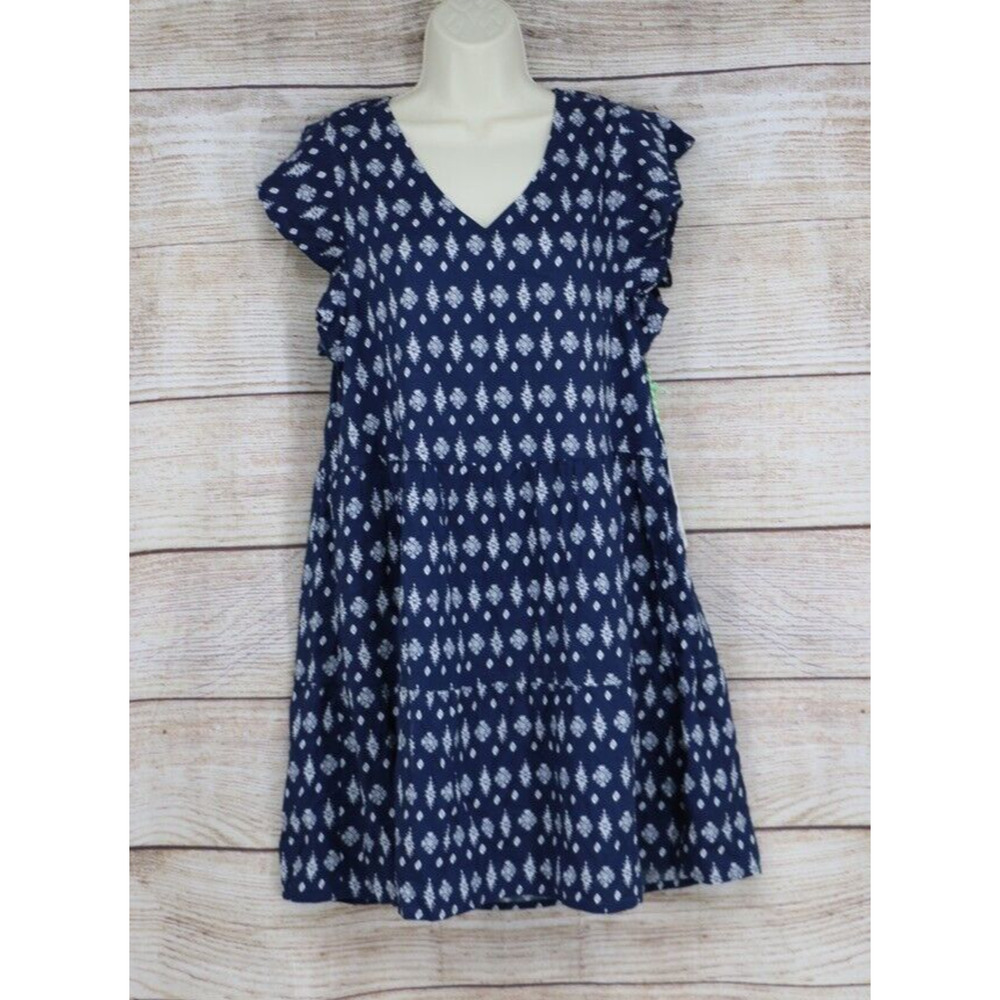 Aventura Womens Size Small Lillian Pleated Flutter Sleeve Shift Dress Navy Blue